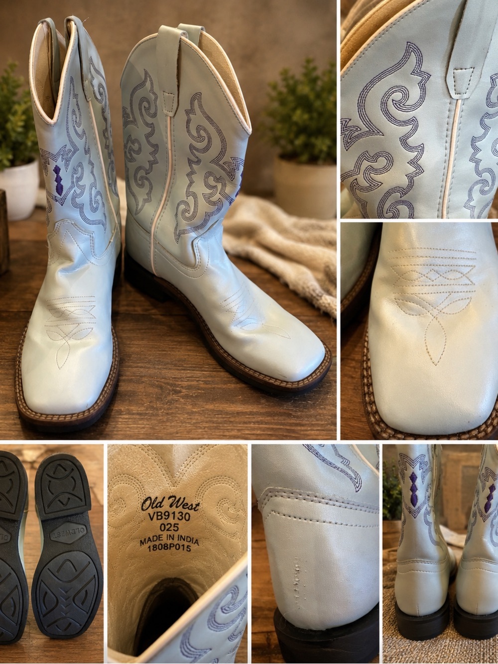 Old West Girls Light Blue Western Cowboy Boots Size 2.5 Square Toe - Picture 2 of 2